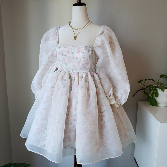 Reversible Floral Organza Babydoll Puff Dress - Picture 8 of 16